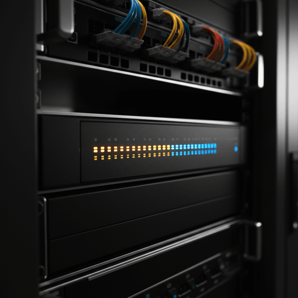 Server rack with active status indicators blinking in a secure data center environment